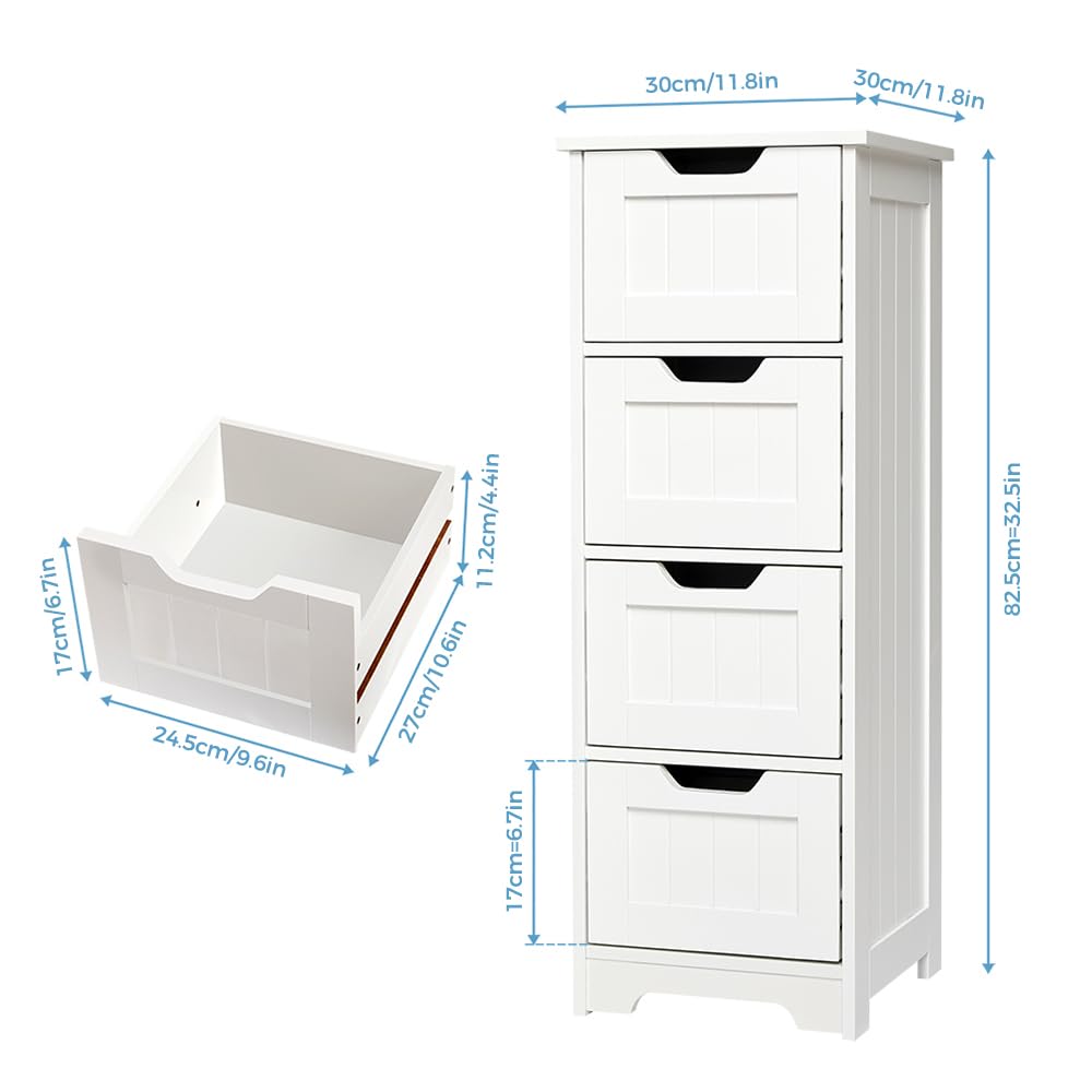 Mondeer Badezimmerschrank, Badschrank Schmal Kommoden mit Schubladen aus Holz Weiß 30 x 30 x 82 cm für Bad Wohnzimmer Flur Schlafzimmer