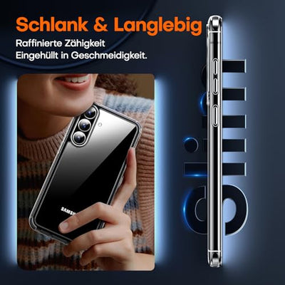 TAURI 3 in 1 für Samsung Galaxy S24 FE Hülle, Handyhülle für S24 FE Case, mit 1 Handyhülle + 2 Stück Schutzfolie, Anti-Gelb Stoßfest Schutzhülle -Transparent