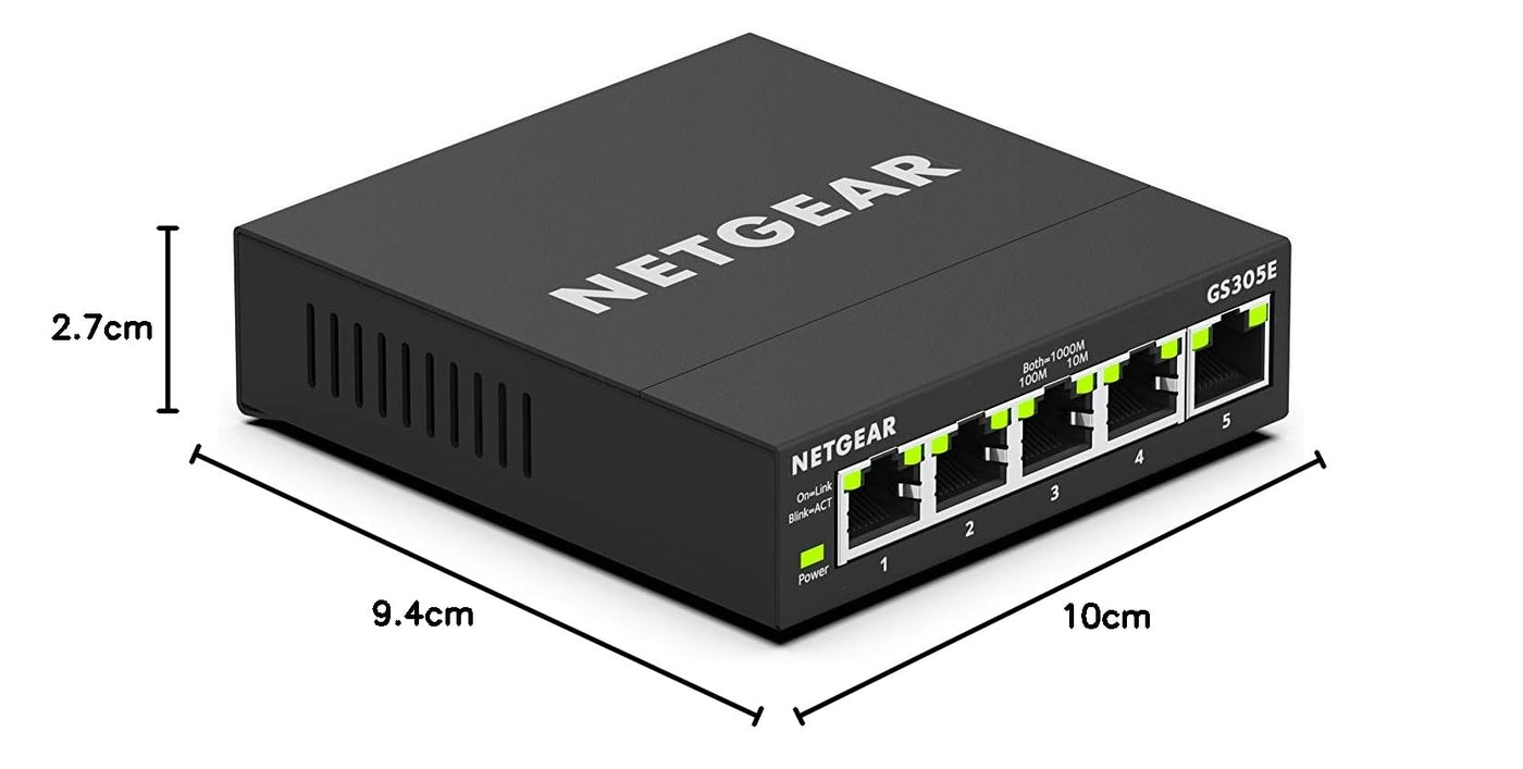 Netgear GS305E Managed Switch 5 Port Gigabit Ethernet LAN Switch Plus (Plug-and-Play, Netzwerk Switch Managed, IGMP Snooping, QoS, VLAN, lüfterlos, robustes Metallgehäuse), Schwarz