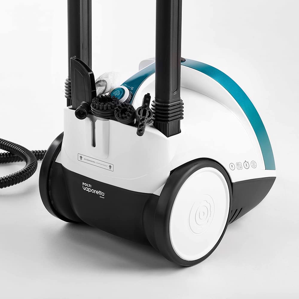POLTI 8012628 Vaporetto Smart 100 T Dampfreinigungsgerät mit 4 Bar, tötet und beseitigt 99,99 Prozent Viren, Keime und Bakterien, Weiss/Türkis Metallic, Wassertankkapazität 2 l, Dampfmenge 110 g/Min