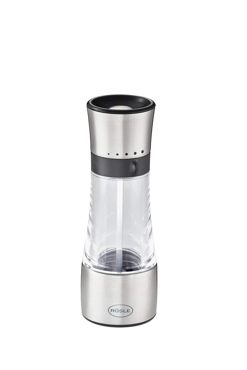 RÖSLE Gewürzmühle, Hochwertige Salz-/Pfeffermühle mit verstellbaren Mahlstufen für trockene Gewürze, einfaches Nachfüllen, Edelstahl 18/10, Silberfarben, Schwarz, Transparent