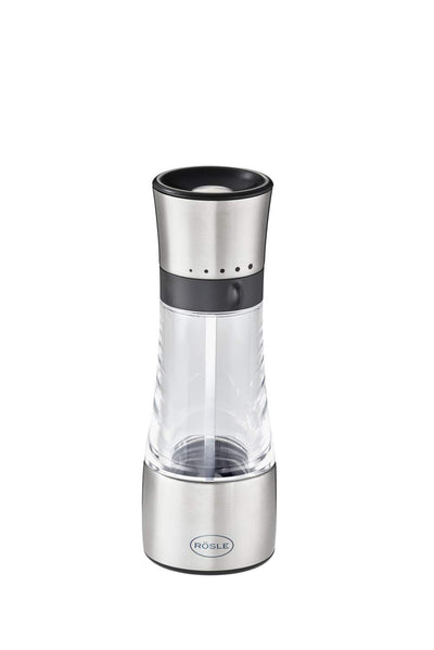 RÖSLE Gewürzmühle, Hochwertige Salz-/Pfeffermühle mit verstellbaren Mahlstufen für trockene Gewürze, einfaches Nachfüllen, Edelstahl 18/10, Silberfarben, Schwarz, Transparent