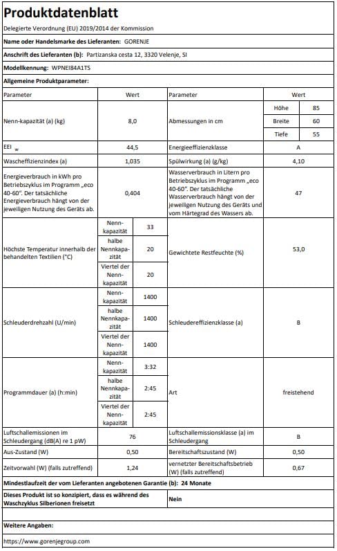 Gorenje WNEI 86 APS Waschmaschine mit Dampffunktion / 8 kg / 1600 U/min /16 Programme/Inverter Motor/Edelstahltrommel/AquaStop/Kindersicherung/SterilTub/Weiß