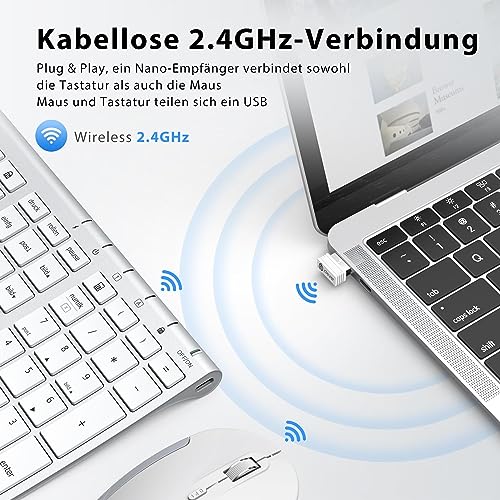 iClever kabellose Tastatur und Maus Set, 2.4G kabellose Tastatur und Maus, USB-C wiederaufladbar, Originalgröße, schlanke, dünne und widerstandsfähige Tastatur für Windows 7/8/10, Mac OS