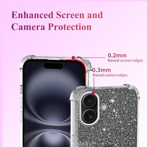Tikgue Handykette für iPhone 16 Hülle mit Band, Handyhülle mit Kordel zum Umhängen Schutzhülle mit Kette Glitzer Transparent Weich TPU Silikon Bumper - Schwarz