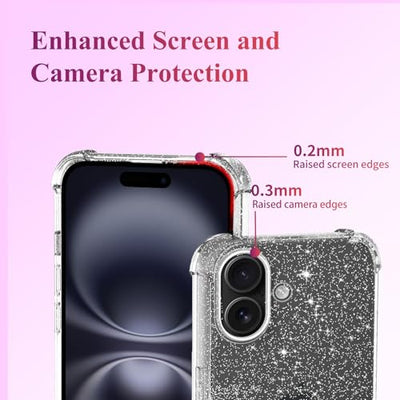 Tikgue Handykette für iPhone 16 Hülle mit Band, Handyhülle mit Kordel zum Umhängen Schutzhülle mit Kette Glitzer Transparent Weich TPU Silikon Bumper - Schwarz
