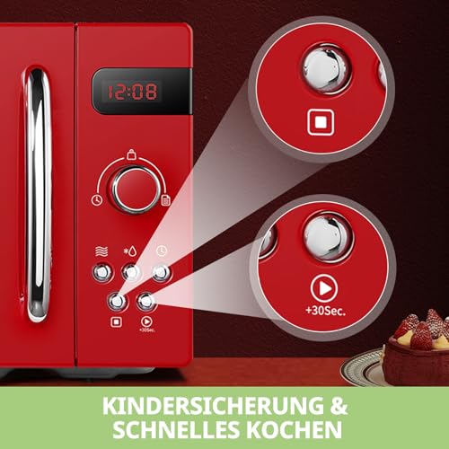 Comfee CMSRO 20 di rd Retro-Mikrowelle mit 8 Automatikmenüs, 5 Leistungsstufen, Schnellkochtaste, 20 l, 800 W, leidenschaftlich rot