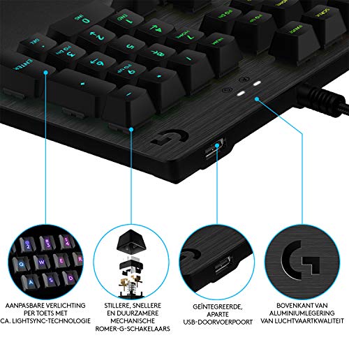 Logitech G512 mechanische Gaming-Tastatur, GX-Red Linear Switches, LIGHTSYNC RGB-Beleuchtung, USB-Durchschleife, Aluminium-Gehäuse, Programmierbare F-Tasten, US QWERTY-Layout - Schwarz