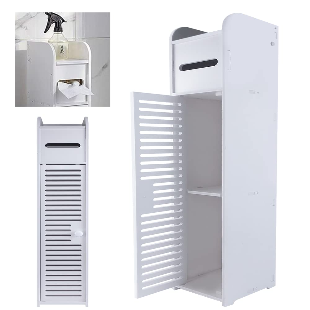 Toilettenschrank mit Toilettenpapierhalter, Badezimmerschrank Bad Hochschrank Badschrank Schmal, 81cm Freistehender Badezimmerschrank mit Ablagefach, 2 Fächer & Schublade, L16CM x W17CM x H81CM