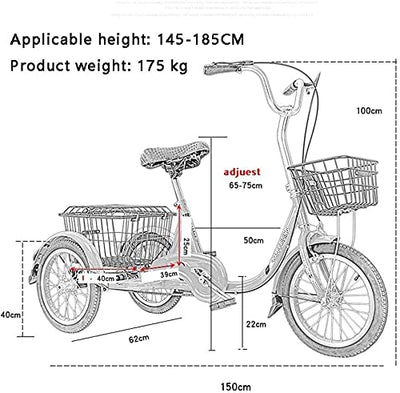 ACIYD Erwachsenes Dreirad-Cruiser-Fahrrad für Reisen ode Erwachsene Senioren Dreirad 20 Zoll 3 Radfahrräder Dreirad Fahrräder mit Einkaufswagen und Einstellbarer Sitz for Frauen Männer Fahrrad