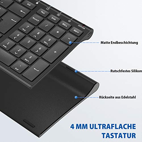 iClever Kabellose Tastatur, wiederaufladbare 2,4 GHz Funk Tastatur, Deutsches QWERTZ Layout, für Computer/Desktop/PC/Laptop/Chrome OS und Windows 10/8/7, Schwarz