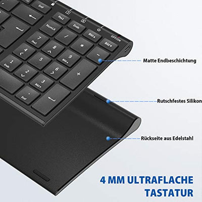 iClever Kabellose Tastatur, wiederaufladbare 2,4 GHz Funk Tastatur, Deutsches QWERTZ Layout, für Computer/Desktop/PC/Laptop/Chrome OS und Windows 10/8/7, Schwarz
