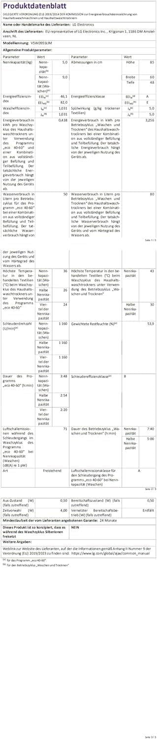LG V5WD95SLIM, Klasse A - E, Frontlader-Waschtrockner 9 - 5 kg, Waschtrockner Slim 53,5 cm Tiefe, Wi-Fi, AI Direct Drive, Tiefenreinigung mit Dampf, TurboWash 360, Große Kapazität, Weiß