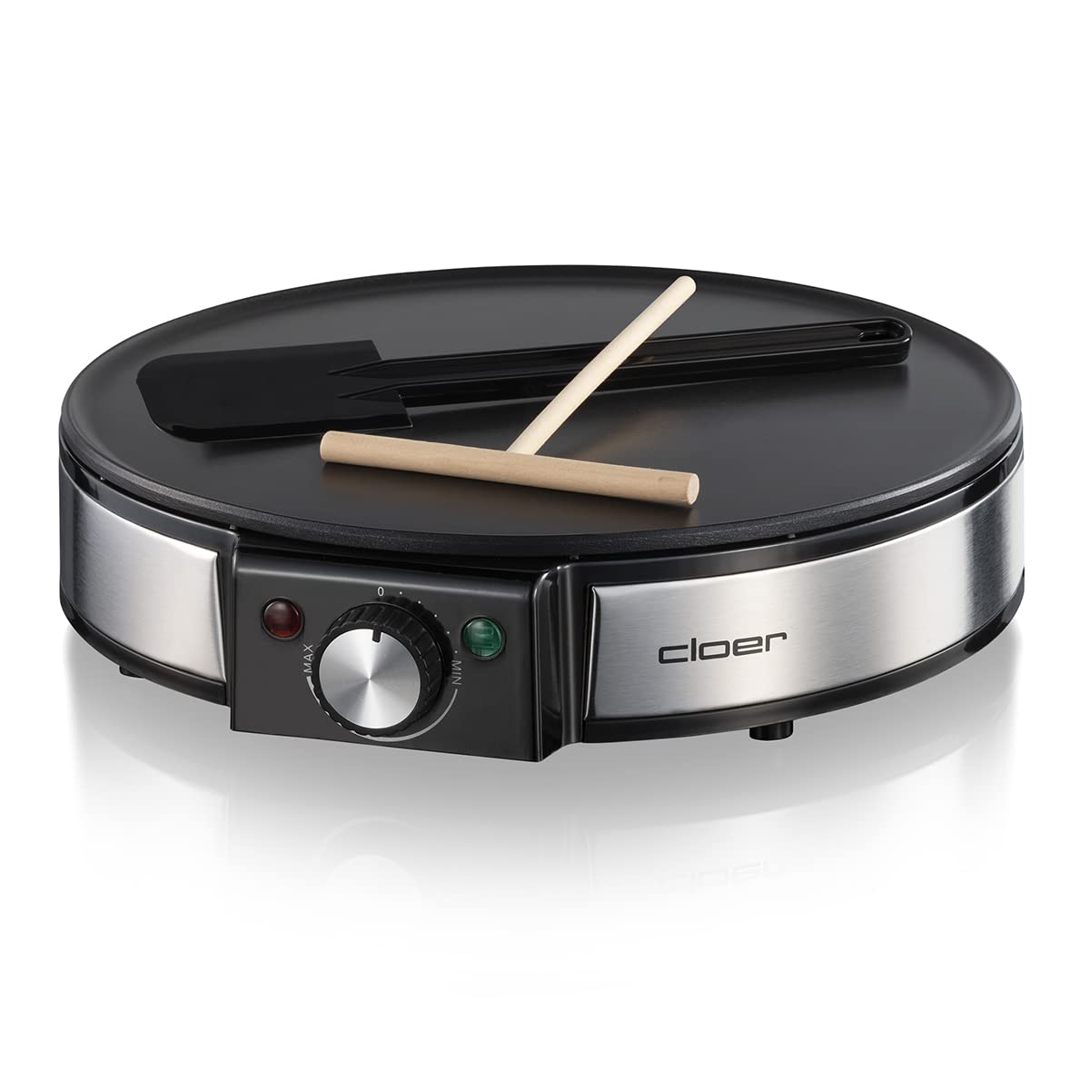 Cloer 6630 Crêpes-Maker, für süße oder herzhafte Crepes mit 30 cm Ø, 1200 W, Antihaftbeschichtung, inkl. Teigverteiler aus Holz und Wender, schwarz