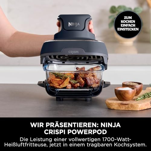 Ninja CRISPi tragbare Airfryer Heißluftfritteuse, 3,8 l, 4-in-1: Heißluftfrittieren, Braten, Warmhalten, Recrisp, kompakt, 6 Portionen, 2x herausnehmbare Glasbehälter & Deckel, 1.700 W, Grau FN101EUGY