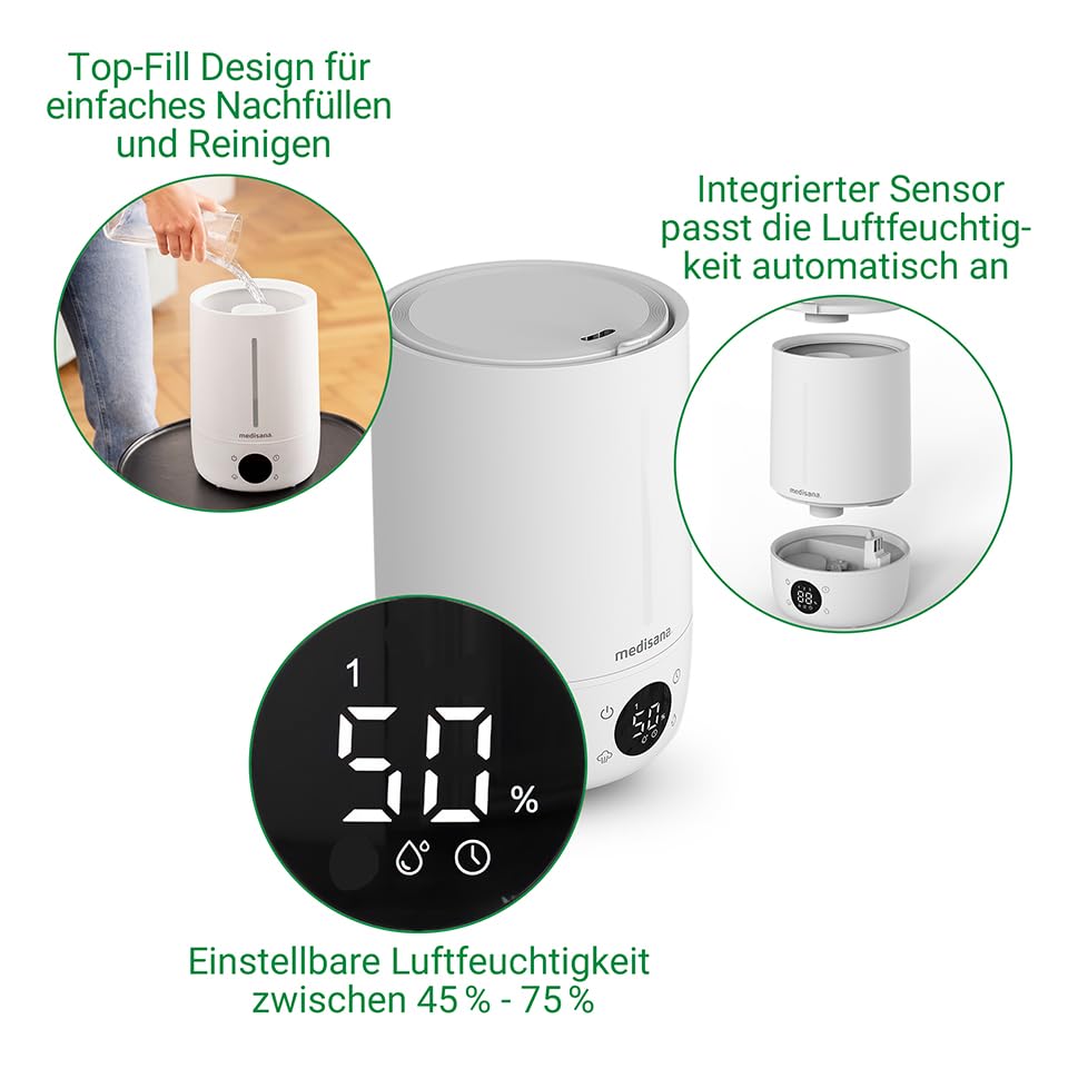medisana AH 663 Luftbefeuchter mit Hygrometer und Ultraschall-Technologie, Lufterfrischer elektrisch mit LED-Anzeige, Timer und Schlafmodus, Diffuser für Büro, Schlafzimmer, Wohnzimmer, Kinderzimmer