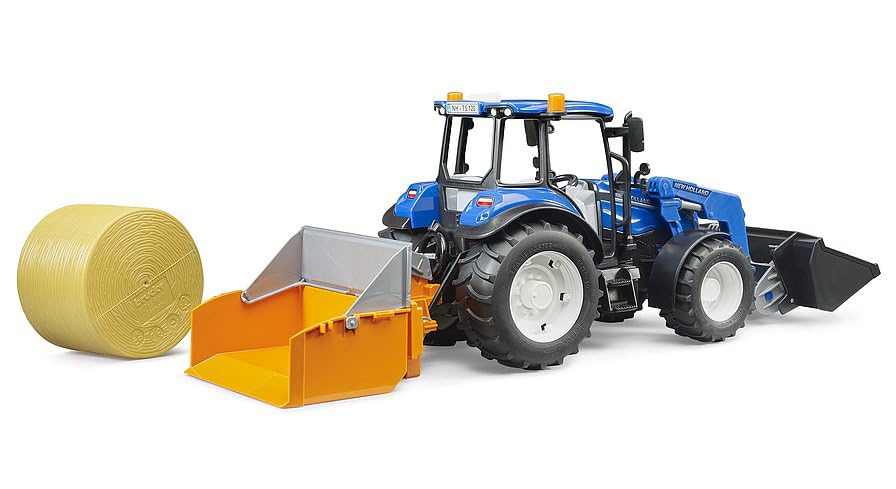 bruder 02187 - New Holland T5.120 mit Frontlader, Ladekasten, Gabeln und Rundballen - 1:16 Traktor, Fahrzeuge, Bauernhof, Bulldog
