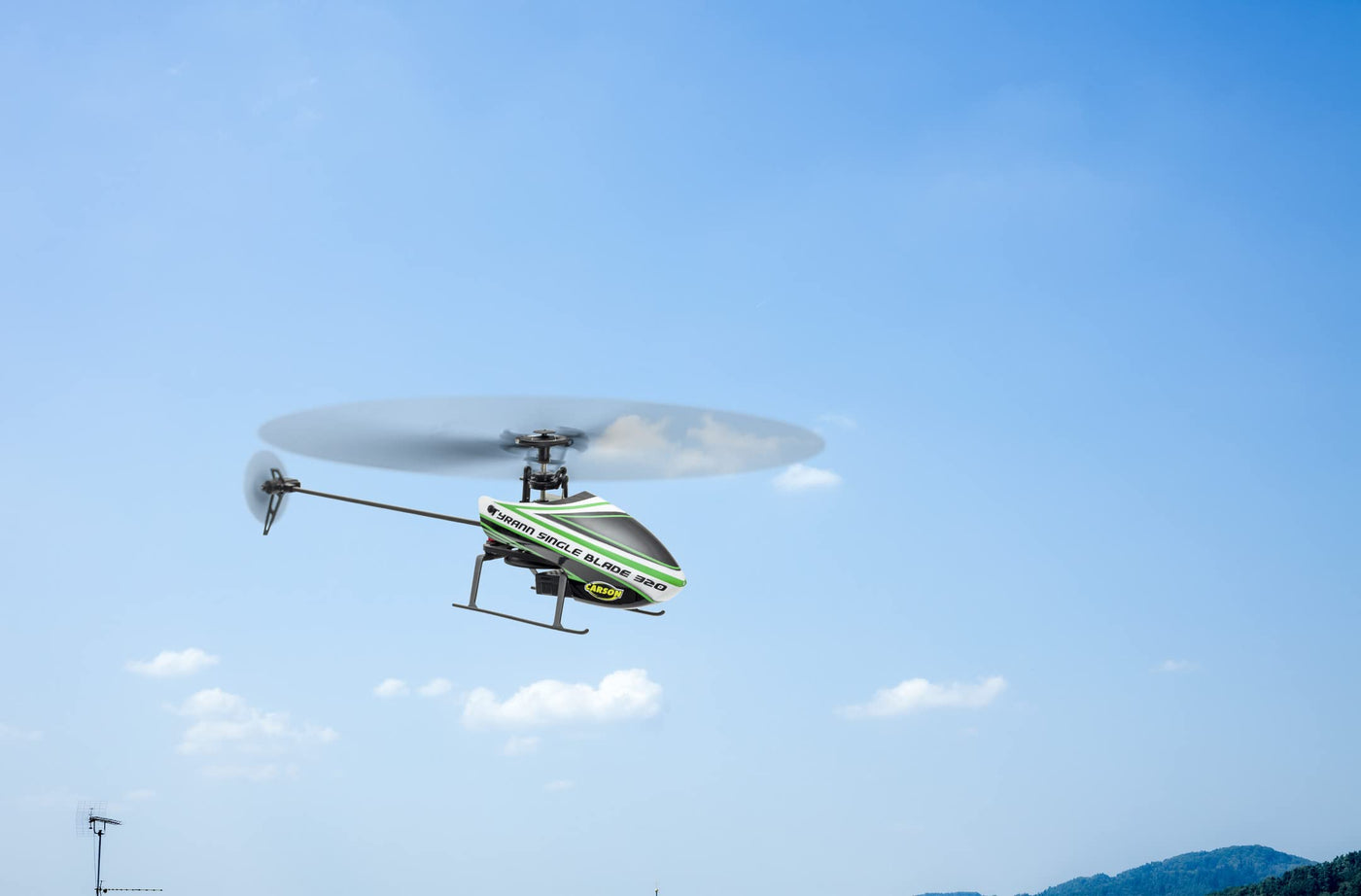 Carson 500507171 - Ferngesteuerter Helikopter Tyrann Single Blade 320 2,4 GHz - RC Flugzeug ab 16 Jahre, 100% RTF Komplettset, mit Höhenkontrolle und Start- & Landefunktion, grün