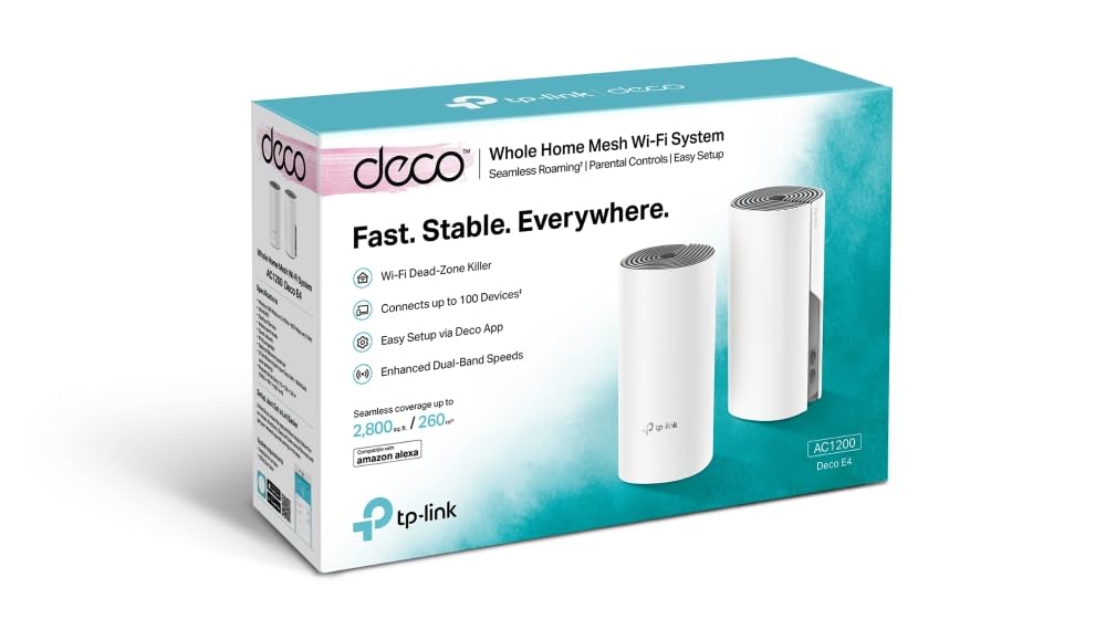 TP-Link Deco E4 Mesh WLAN Set (2er Pack), AC1200 Dual Band Router & Repeater (Reichweite bis zu 260m², ideal für große Häuser mit mehreren Geräten, 4x 100Mbit/s Ports) weiß