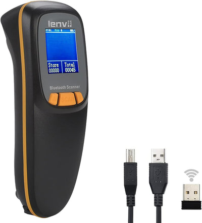 LENVII Mini Wireless Barcode Scanner Bluetooth 3-in-1 Portable Barcode Reader kabellos 1D/2D/QR Code Scanner mit Display Barcode Leser Win/Android/iOS für Geschäft, Supermarkt, Lager(Schwarz)