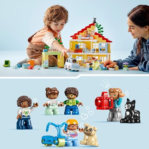 LEGO 10994 DUPLO 3-in-1-Familienhaus, Puppenhaus aus Bausteinen mit Push&Go Auto, 5 Figuren, 2 Tieren und Spielzeug-Lampe, Spielhaus Geschenk für Kleinkinder, Mädchen und Jungen ab 3 Jahren