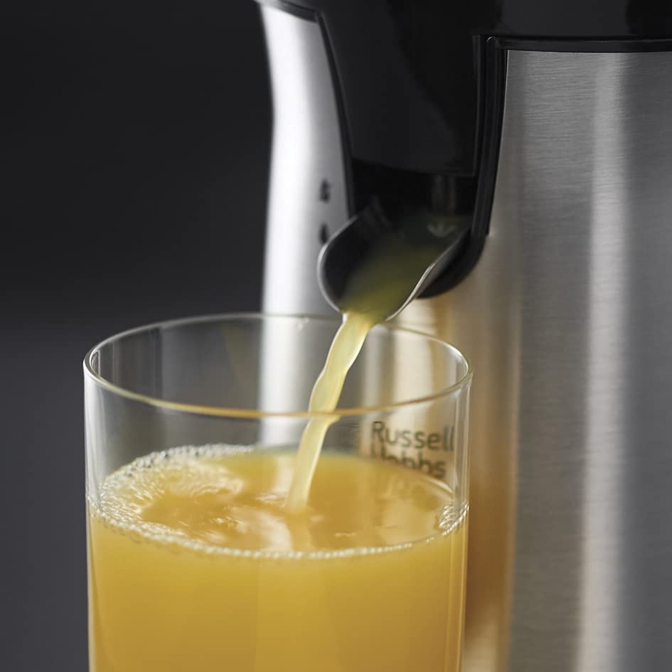 Russell Hobbs Orangenpresse & Zitruspresse elektrisch [links-& rechtsrotierend, 2 Presskegel für Zitronen/Orangen] Edelstahl (Tropf-Stopp-Funktion, spülmaschinenfest, BPA-frei) Saftpresse 22760-56