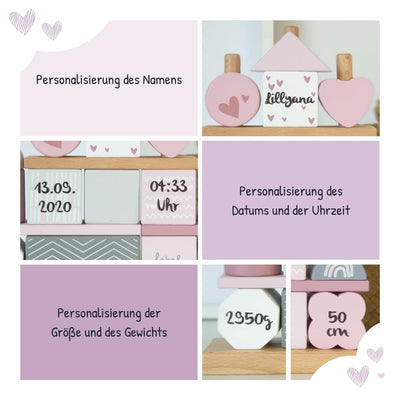 Steckspiel Haus rosa I Personalisierbares Geschenk zur Geburt Mädchen I Personalisierte Geschenke Baby I Motorikspielzeug bedruckt mit Name & Geburtsdaten