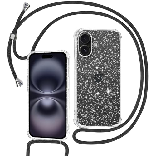 Tikgue Handykette für iPhone 16 Hülle mit Band, Handyhülle mit Kordel zum Umhängen Schutzhülle mit Kette Glitzer Transparent Weich TPU Silikon Bumper - Schwarz