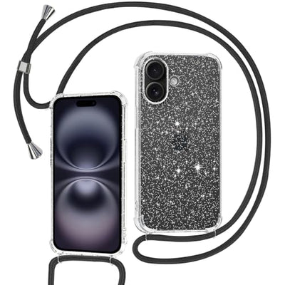 Tikgue Handykette für iPhone 16 Hülle mit Band, Handyhülle mit Kordel zum Umhängen Schutzhülle mit Kette Glitzer Transparent Weich TPU Silikon Bumper - Schwarz