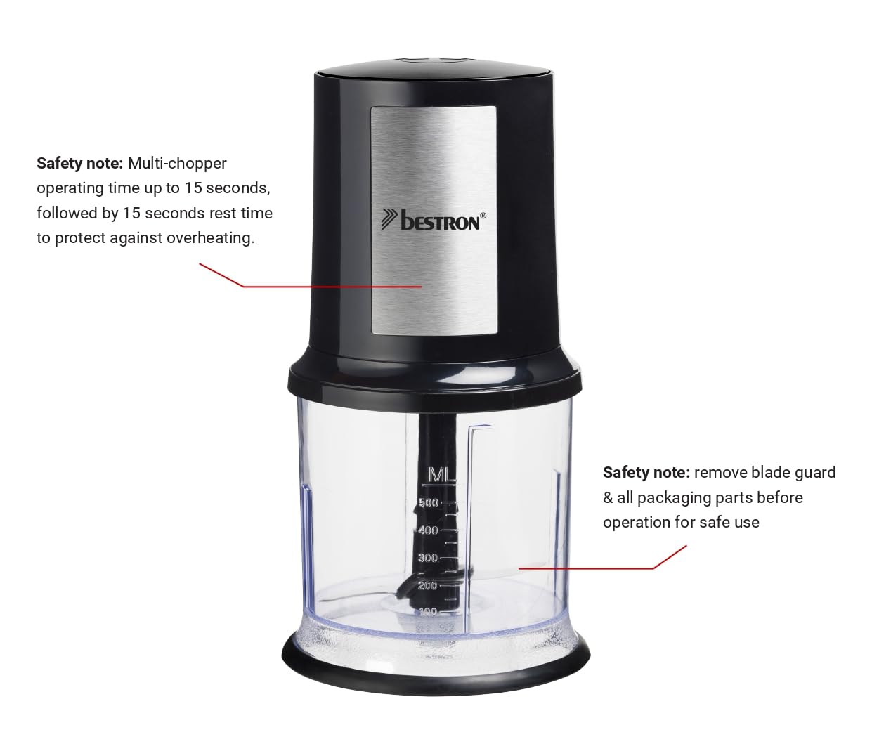 Bestron elektrischer Multi-Zerkleinerer, Universalzerkleinerer mit zwei Schneidemessern & 500ml Kapazität, große Pulstaste, 400 Watt, AKC200, Farbe: Schwarz / Silber