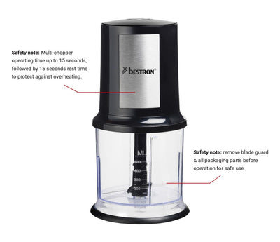Bestron elektrischer Multi-Zerkleinerer, Universalzerkleinerer mit zwei Schneidemessern & 500ml Kapazität, große Pulstaste, 400 Watt, AKC200, Farbe: Schwarz / Silber
