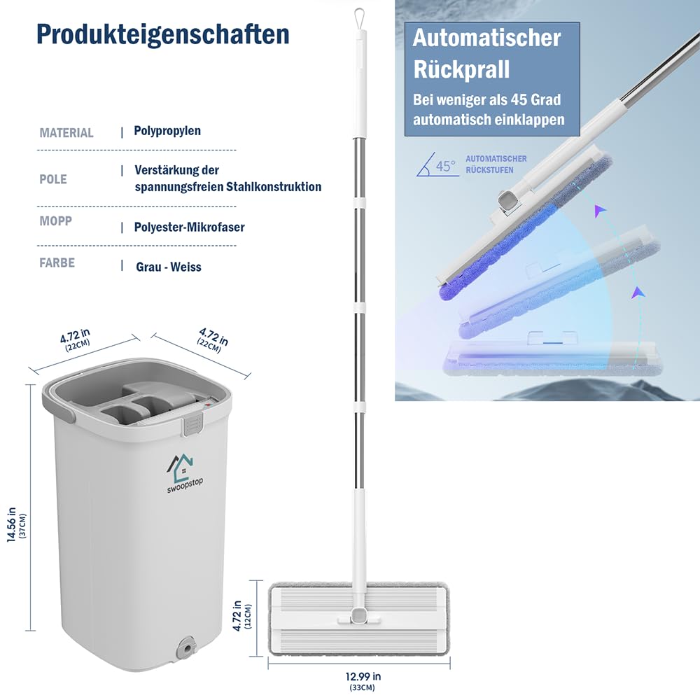 Swoopstop S2 Wischmopp Set mit Eimer-Innovativer 2 Kammer Eimer-Passt für jeden Bodenarten-Bodenwischer mit bis zu 1,98 verlängerte Edelstahlstil-3x Mikrofaserpads