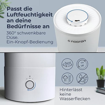 Noaton Essential Luftbefeuchter, 3,3L Top-fill, 33H Laufzeit, 7-Farben-Nachtlicht, Leiser Raumluftbefeuchter, 360°Drehbare, für Kinderzimmer und Pflanzen Schlafzimmer