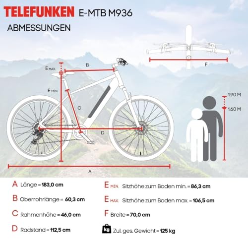 TELEFUNKEN E-Bike Mountainbike Elektrofahrrad Alu, 8 Gang Kettenschaltung - Pedelec MTB 27,5 Zoll, Hinterradmotor, 250W, Hydr. Scheibenbremsen, Grau, Aufsteiger M936