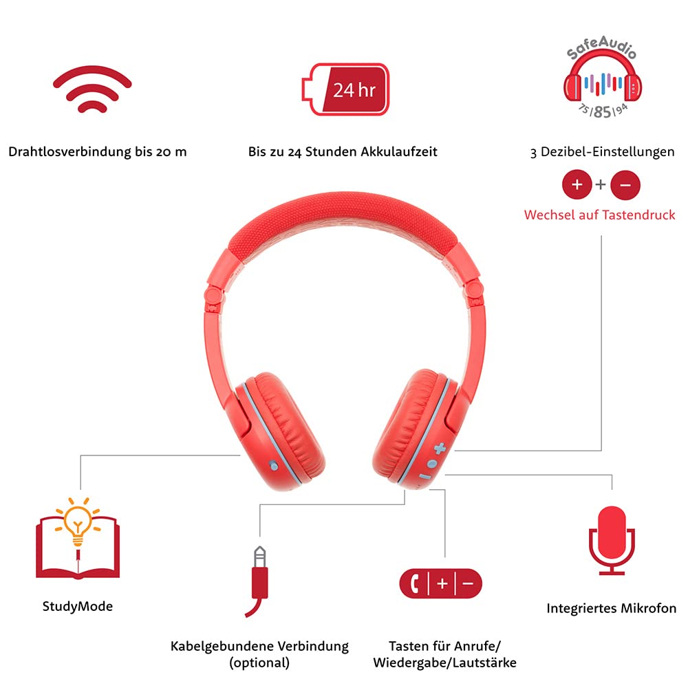 Brandneu und „Made for Amazon“: Bluetooth-Kinderkopfhörer BuddyPhones PlayTime mit Lautstärkebegrenzung (Alter: 3-7 Jahre), Rot