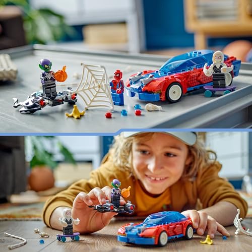 LEGO Marvel Spider-Mans Rennauto & Venom Green Goblin, Spidey-Spielzeug für Rollenspiele mit Superhelden-Figuren und baubarem Auto, Geschenk für Kinder, Jungs und Mädchen ab 7 Jahren 76279