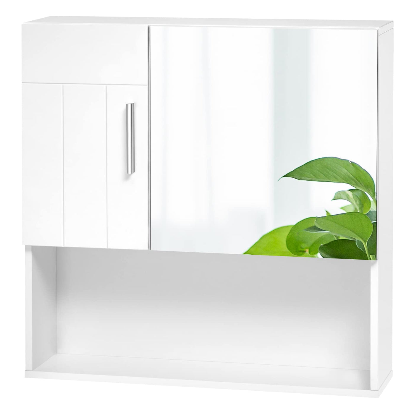 EUGAD Badezimmerschrank mit Spiegel, Spiegelschrank mit Tür Metallscharnieren, Schrank mit 5 Fächern 2 verstellbaren Trennwänden, Hängeschrank aus E1-MDF, Weiß, 54x55x15 cm