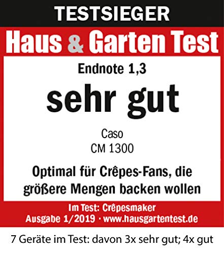 CASO CM 1300 - Crêpes Maker, extra große Backfläche (⌀ 33cm), hochwertige Antihaft‐Beschichtung, 8‐Hitzesstufen, praktischer Schieberegler, inkl. Teigverteiler und Crêpes‐Wender aus Holz