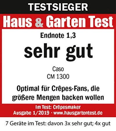 CASO CM 1300 - Crêpes Maker, extra große Backfläche (⌀ 33cm), hochwertige Antihaft‐Beschichtung, 8‐Hitzesstufen, praktischer Schieberegler, inkl. Teigverteiler und Crêpes‐Wender aus Holz
