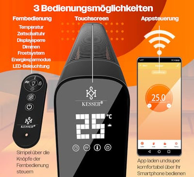 KESSER® Konvektor Premium 1200W ECO 2400W Power Mode Heizstufen Thermostat Elektroheizung WiFi App & Fernbedienung Touch-Display Timer mobiles Heizgerät Energiesparend Überhitzungsschutz Schwarz