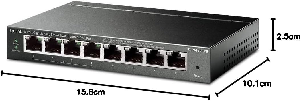 TP-Link TL-SG108PE Managed PoE Switch, 8 Port Gigabit Network Switch mit 4 PoE+ Ports (64 W, 802.3af/at PoE+, Lüfterlos, Plug-and-Play, Robustes Metallgehäuse) Schwarz