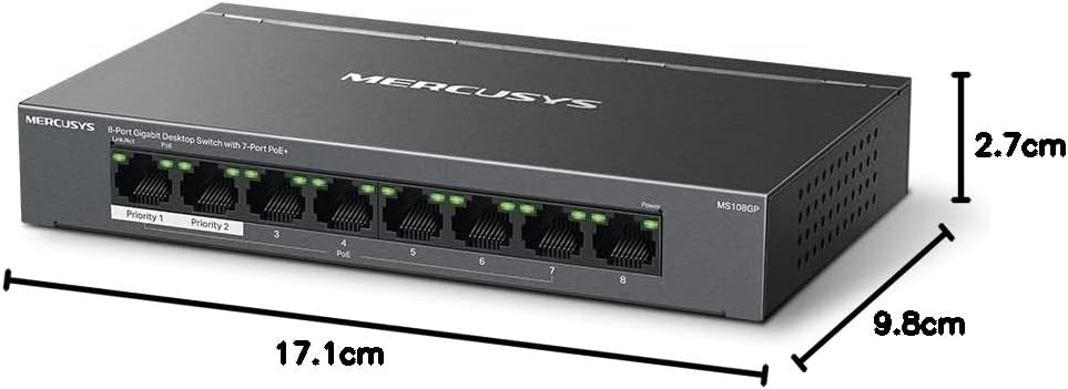 Mercusys MS108GP PoE Switch 8-Port Gigabit LAN Switch mit 7 PoE+ Ports, bis zu 30 W pro PoE-Port und 65 W für alle PoE-Ports, 802.3af/at PoE, lüfterlos, Plug-and-Play, Robustes Metallgehäuse