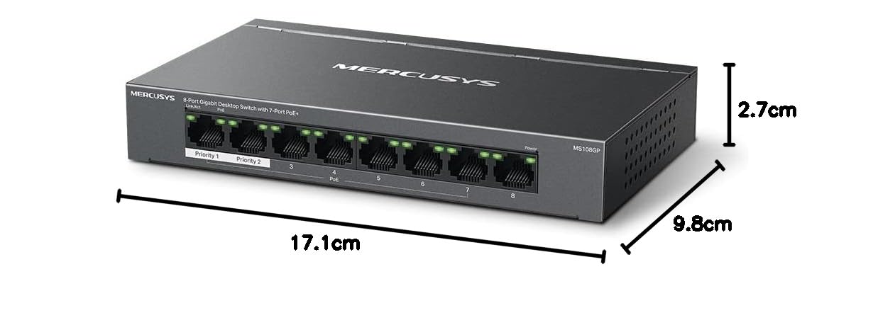 Mercusys MS108GP PoE Switch 8-Port Gigabit LAN Switch mit 7 PoE+ Ports, bis zu 30 W pro PoE-Port und 65 W für alle PoE-Ports, 802.3af/at PoE, lüfterlos, Plug-and-Play, Robustes Metallgehäuse