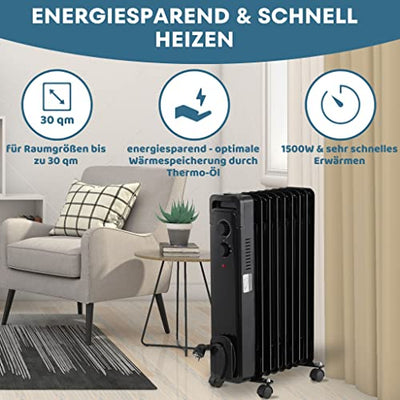 STAHLMANN Ölradiator ZR17 1500 Watt – Elektroheizung Energiesparend bis 30 qm Fläche – Heizung Elektrisch mit Thermostat und 3 Heizstufen – Elektrisches Heizgerät, Electric Heater Schwarz