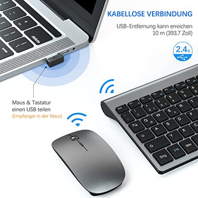 Tastatur Maus Set Ultra Slim, TopMate 2,4G Stille Compact USB 2400DPI Maus und Schissschalter Tastatur mit Abdeckung, mit 2 AA und 2 AAA Batterien für PC/Laptop/Windows/Mac - Grauschwarz