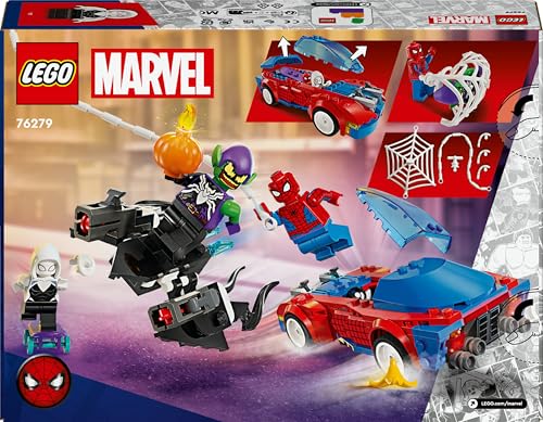LEGO Marvel Spider-Mans Rennauto & Venom Green Goblin, Spidey-Spielzeug für Rollenspiele mit Superhelden-Figuren und baubarem Auto, Geschenk für Kinder, Jungs und Mädchen ab 7 Jahren 76279