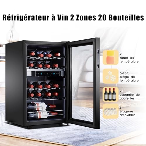 Kalamera Weinkühlschrank 2 Zonen, Touch-Bedienfeld,Schwarze Glastür, Verdeckter Griff, Flaschenkühlschrank 20 Flaschen, 68Liter, 5-18°C Kühlzone, KRC-68BFG