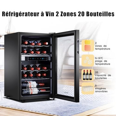 Kalamera Weinkühlschrank 2 Zonen, Touch-Bedienfeld,Schwarze Glastür, Verdeckter Griff, Flaschenkühlschrank 20 Flaschen, 68Liter, 5-18°C Kühlzone, KRC-68BFG