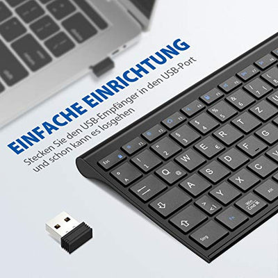 iClever Kabellose Tastatur, wiederaufladbare 2,4 GHz Funk Tastatur, Deutsches QWERTZ Layout, für Computer/Desktop/PC/Laptop/Chrome OS und Windows 10/8/7, Schwarz