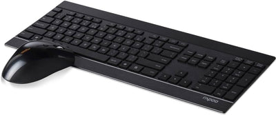 Rapoo 8900P kabelloses Tastatur-Maus Set Wireless Deskset 1600 DPI Laser Sensor 12 Monate Batterielaufzeit ergonomisch für Rechtshänder DE-Layout QWERTZ PC & Mac - schwarz